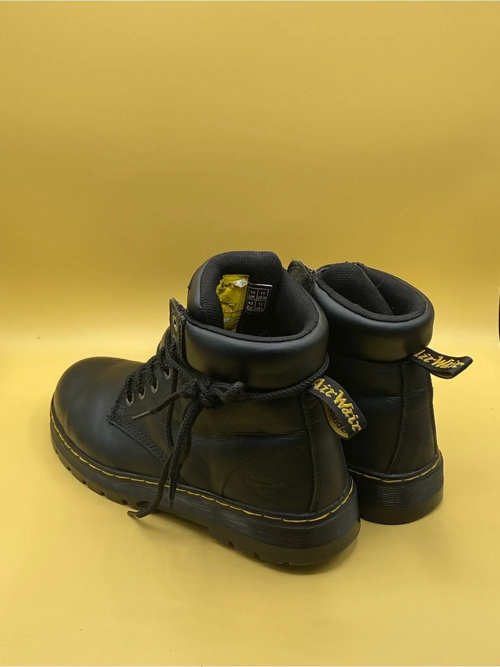 Dr. Martens Black Leather Lace-Up Work Boots with Yellow Stitching